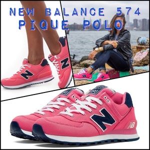 New Balance 574 pique polo pink navy street style